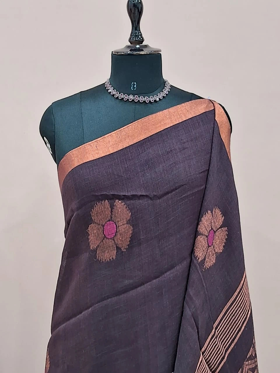 Dark Brown Khadhi Linen Saree 1