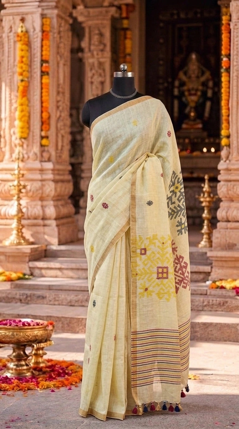 Light Yellow Organic Linen Saree