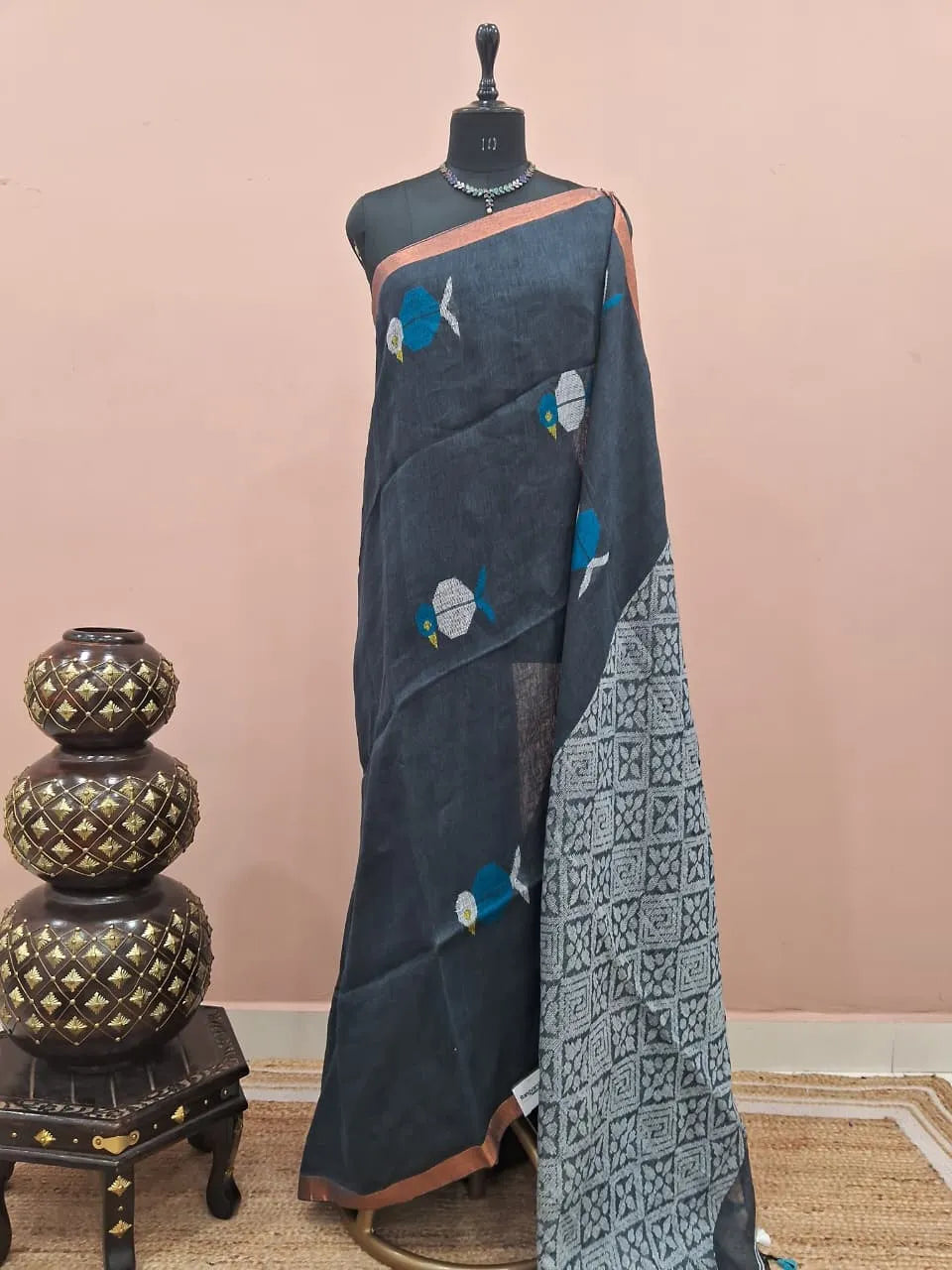 Elephant Grey Khadhi Linen Saree 
