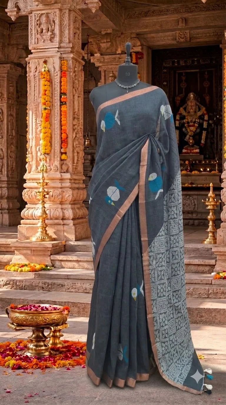 Elephant Grey Khadhi Linen Saree 