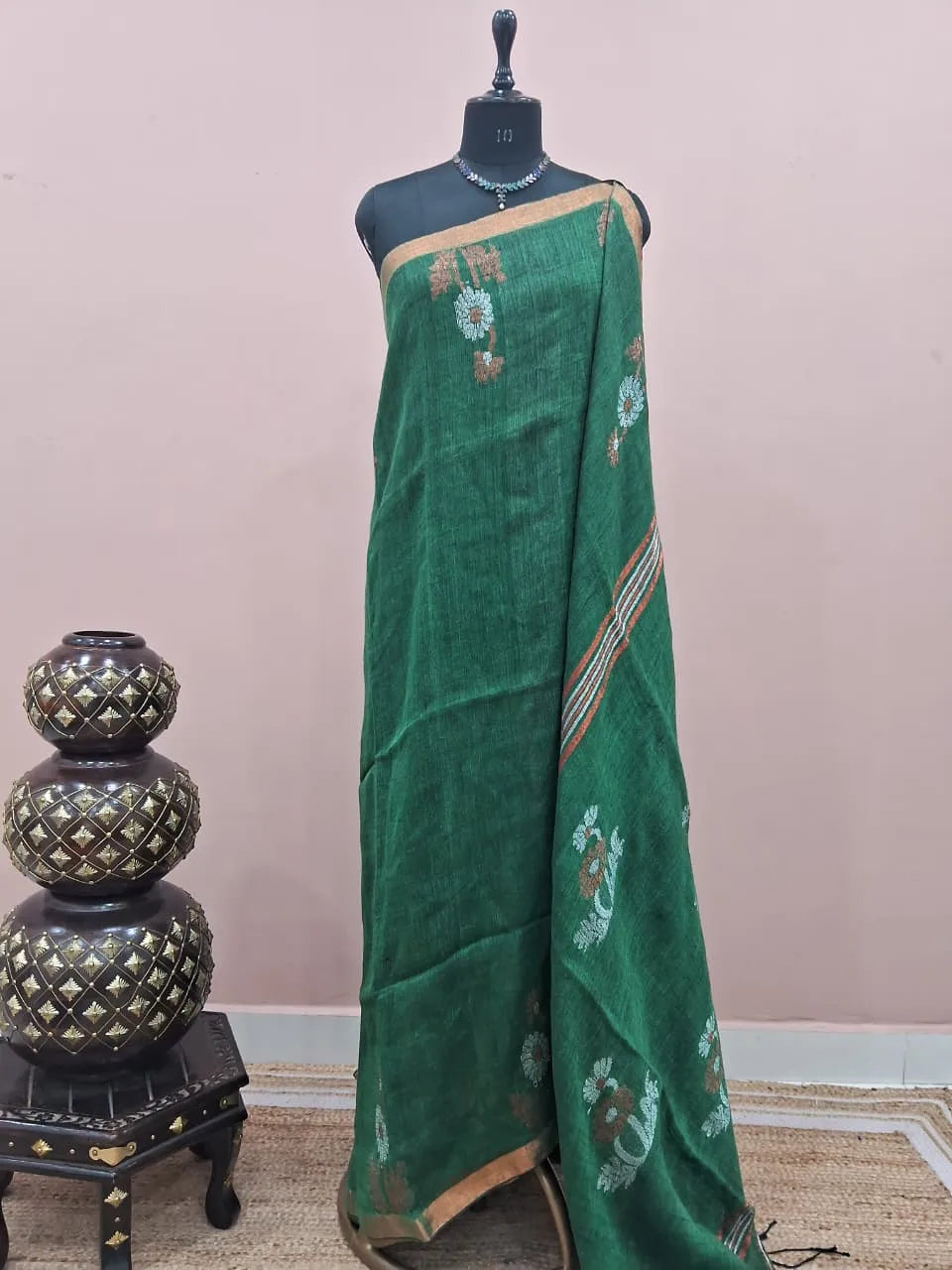 Bottle Green Khadhi Linen Saree