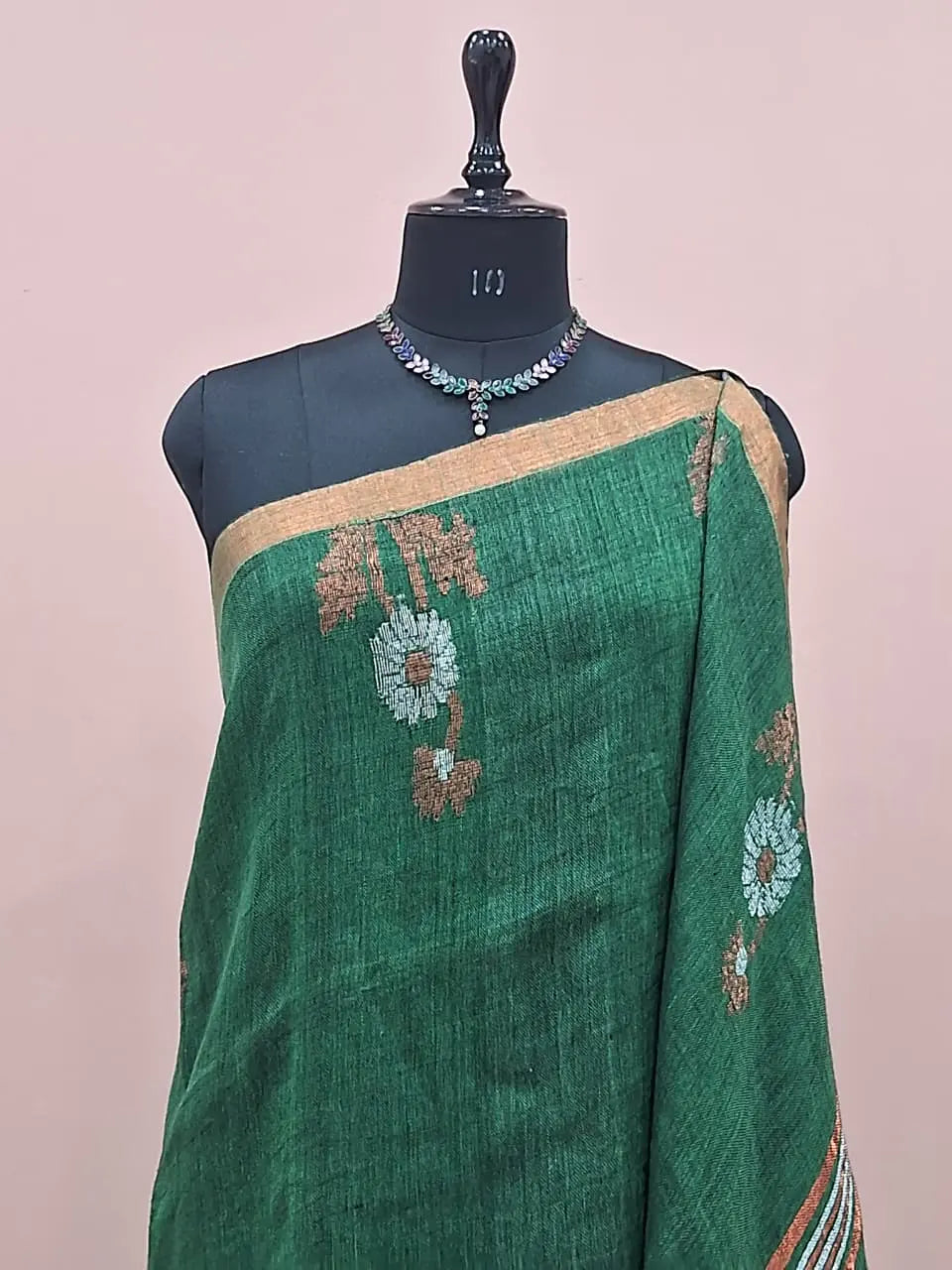 Bottle Green Khadhi Linen Saree 1