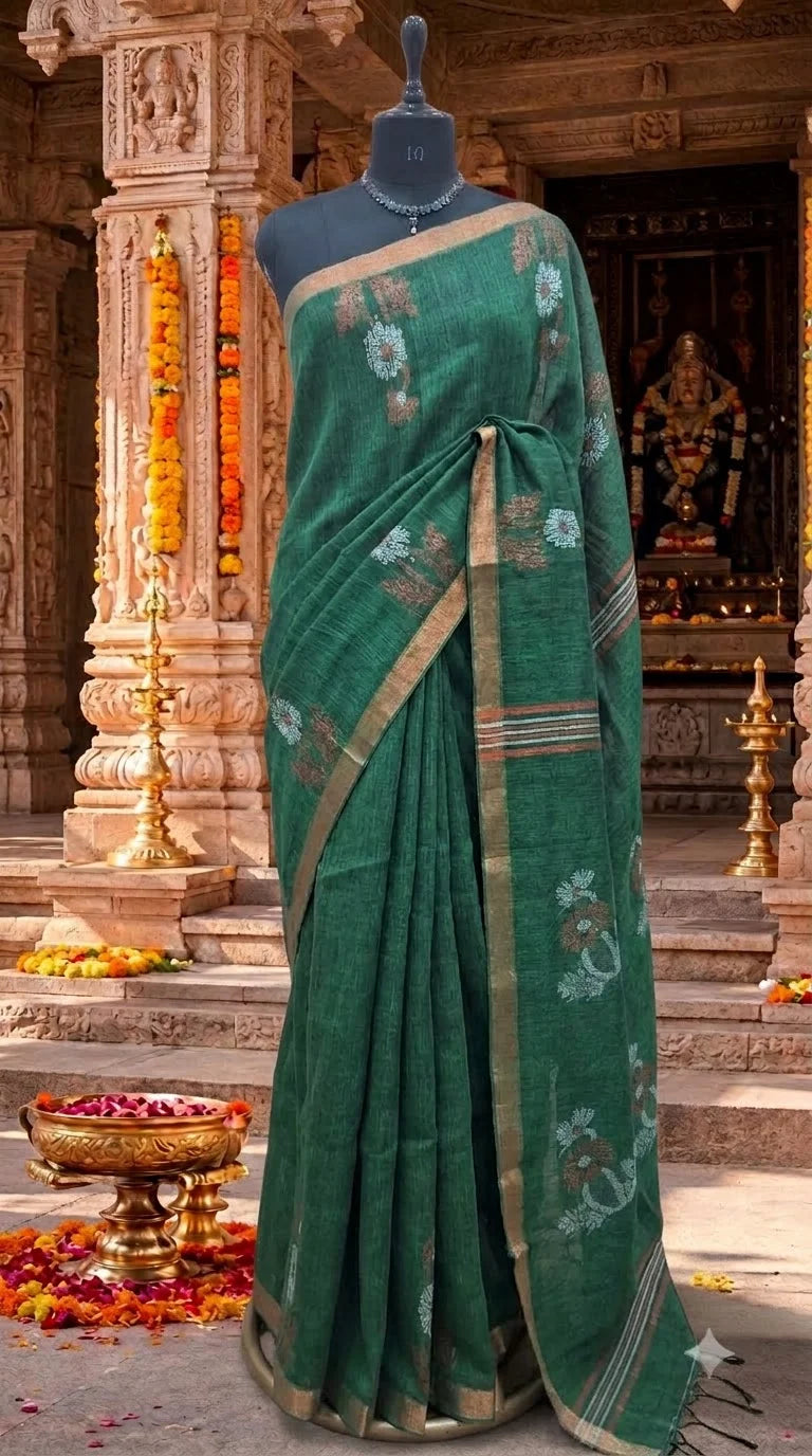 Bottle Green Khadhi Linen Saree