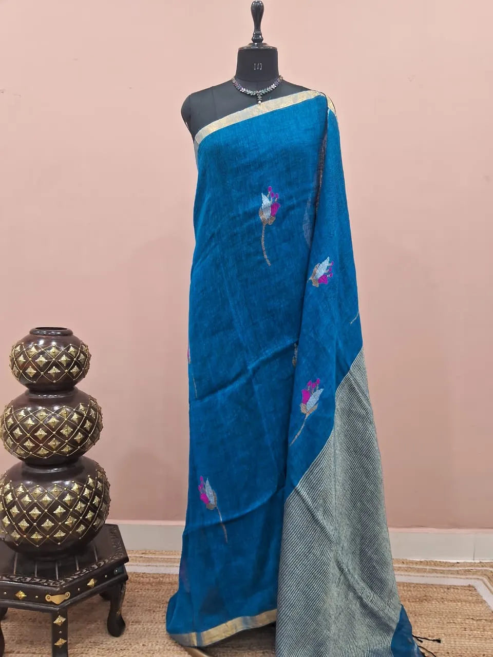 Peacock Blue Khadhi Linen Saree