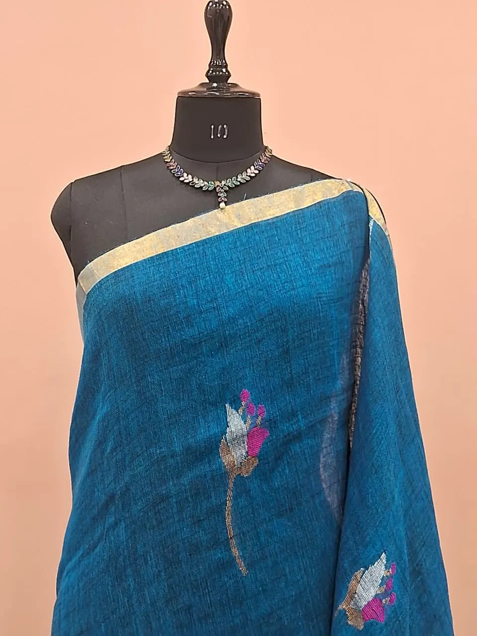 Peacock Blue Khadhi Linen Saree 1