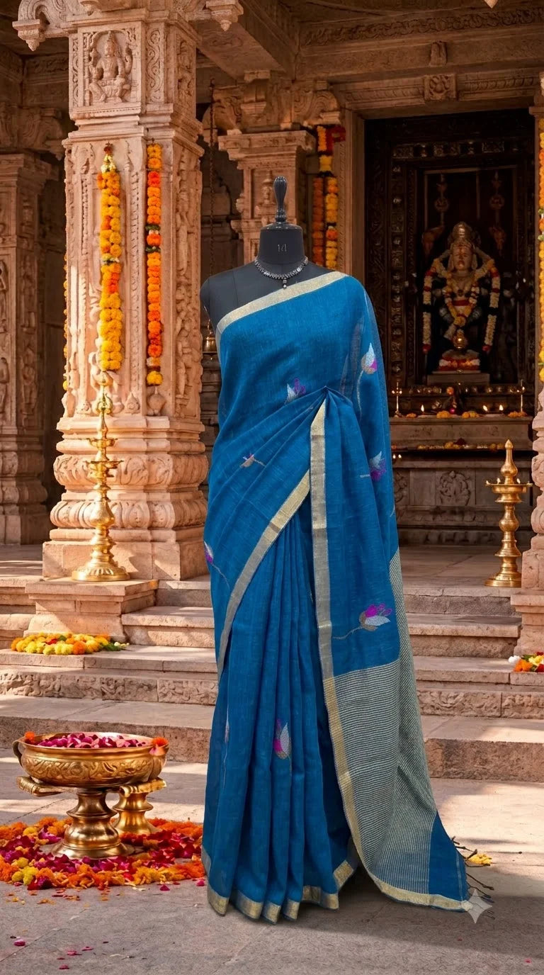Peacock Blue Khadhi Linen Saree