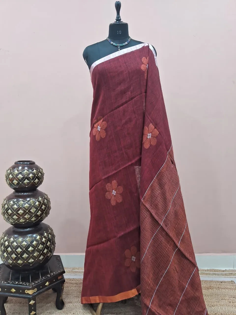 Dark Brown Khadhi Linen Saree 