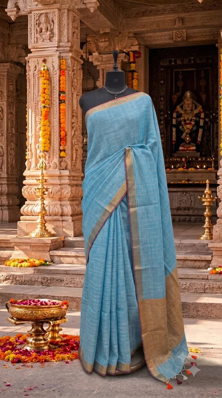 Sky Blue Khadhi Linen Saree 