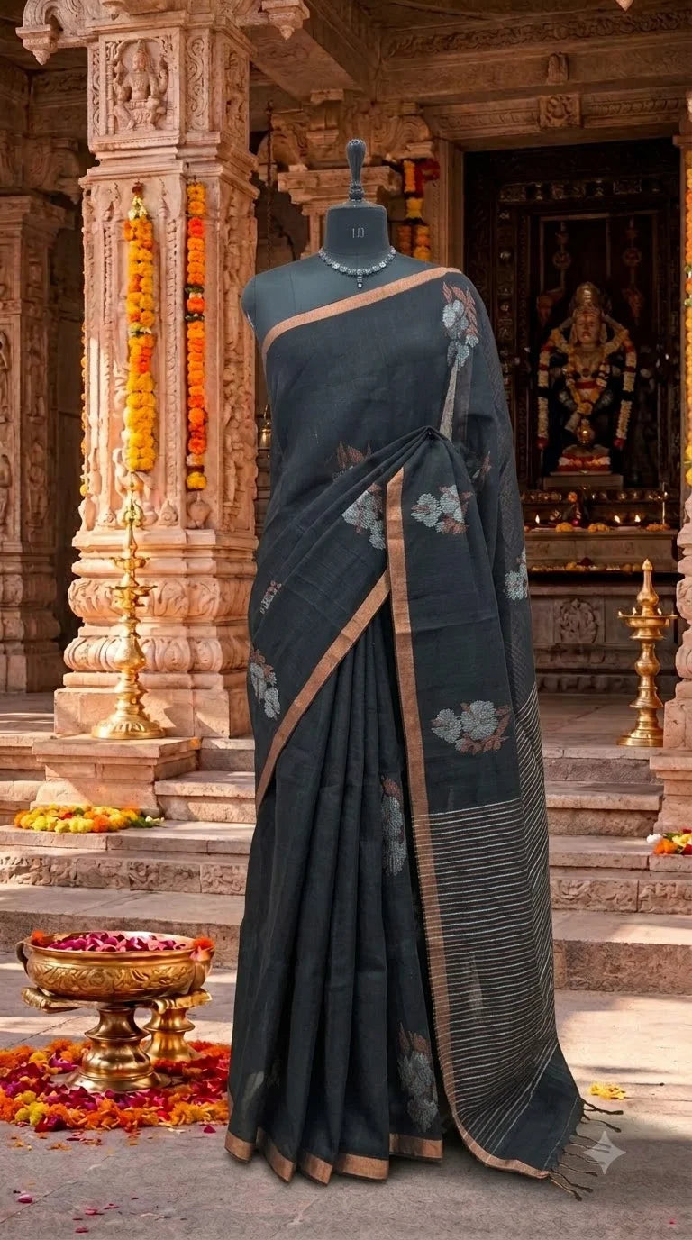 Black Khadhi Linen Saree 