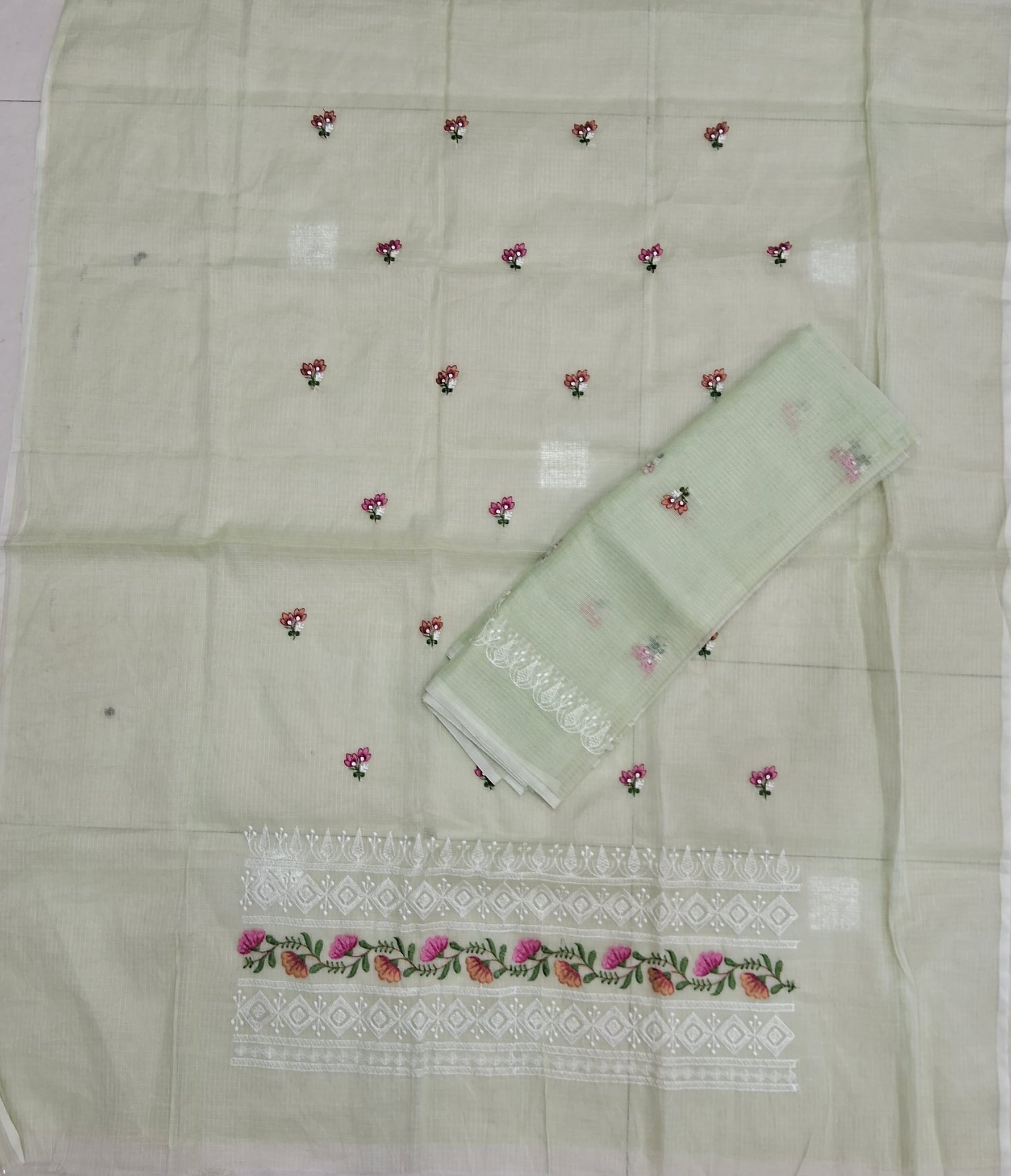 Shop Light Pista Green Kota embroidered dress material online 
