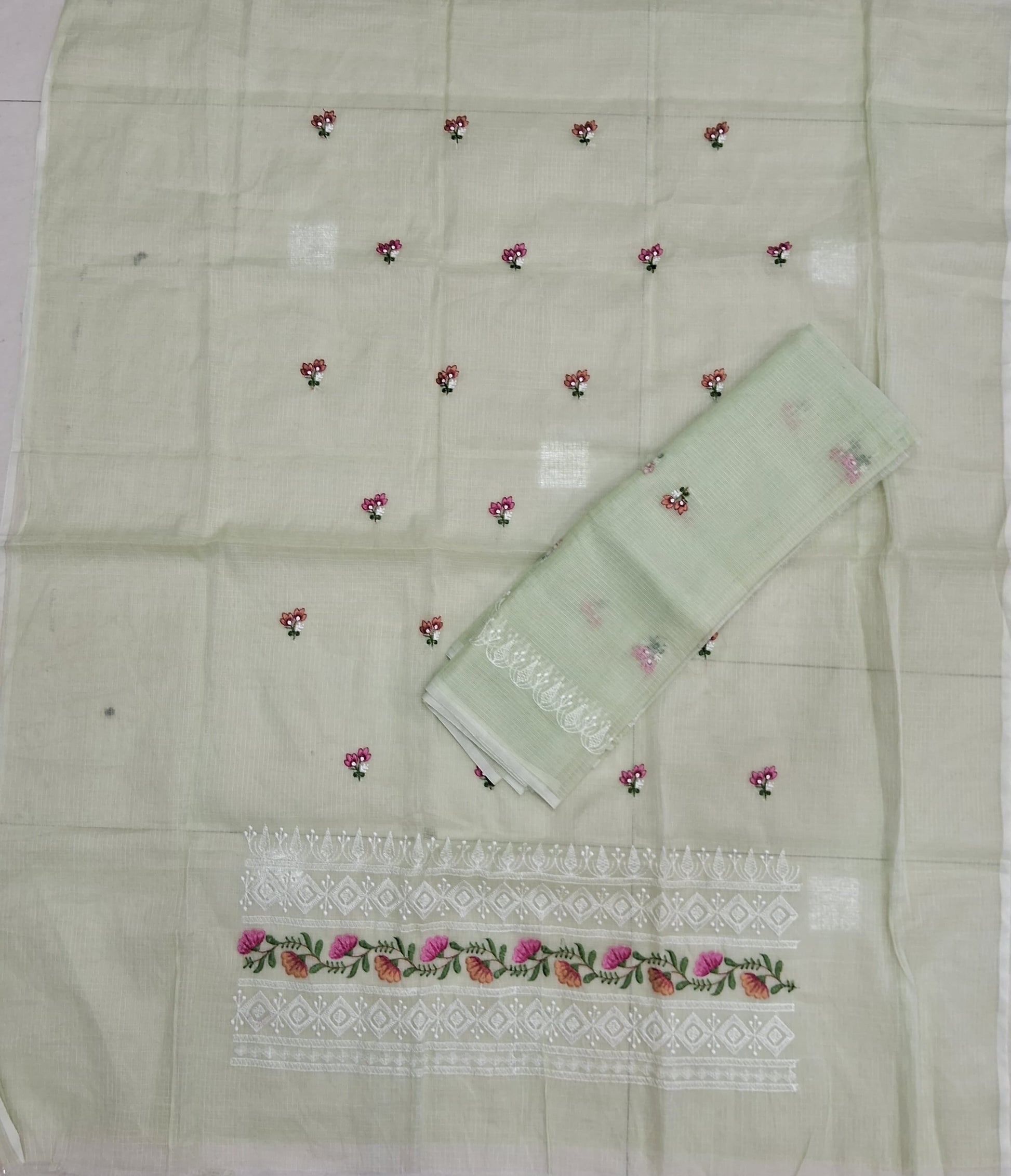 Light Pista Green Kota embroidered dress material