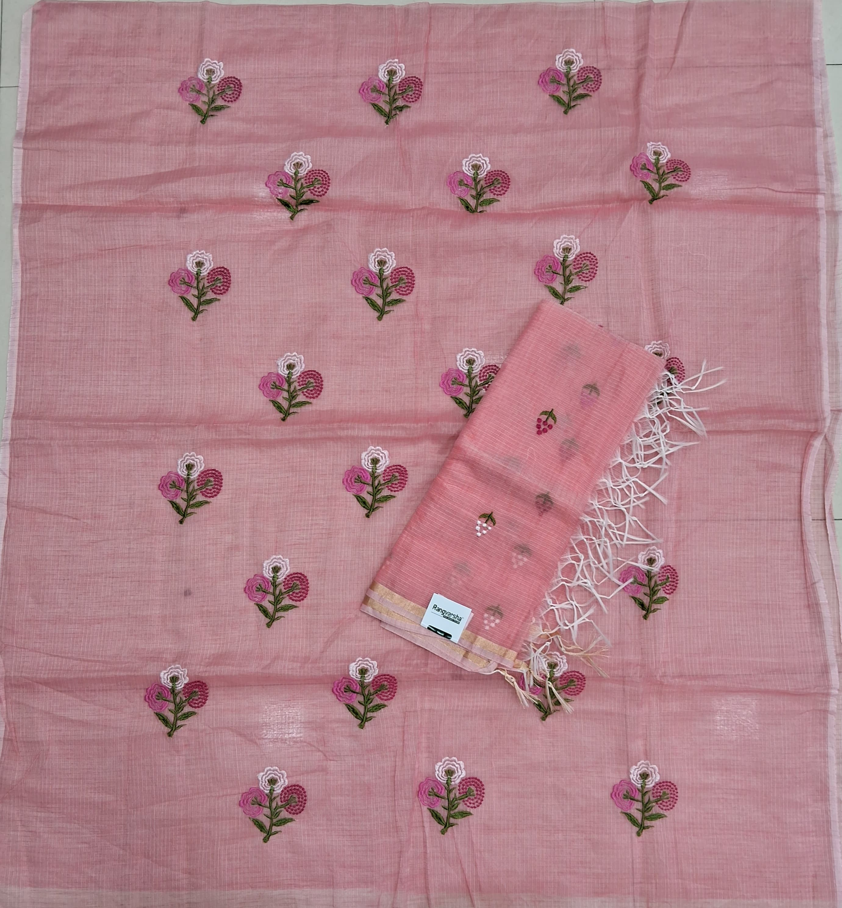 Apricot Pink Kota embroidered dress material