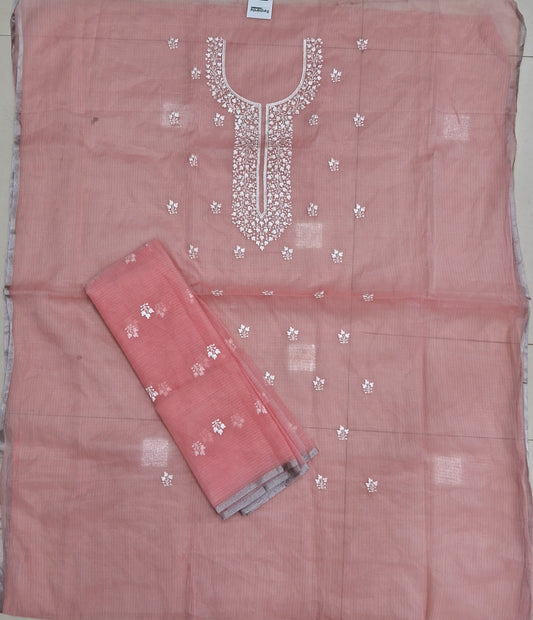 Flamingo Pink Kota embroidered dress material
