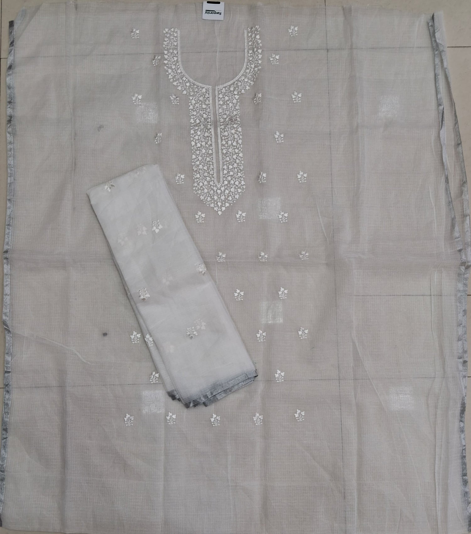 Pure Pale Grey Kota embroidered dress material 