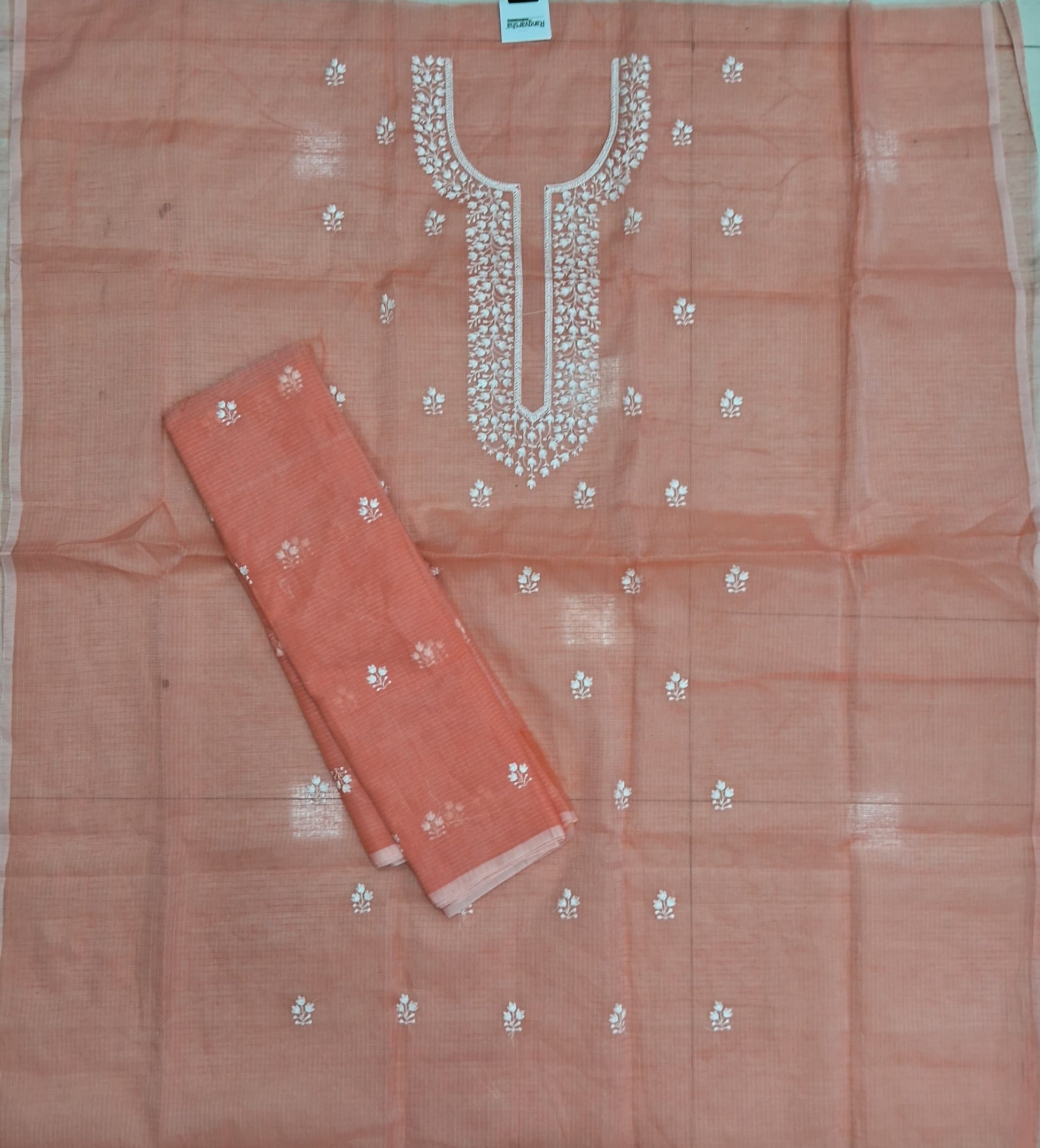Light peach Kota embroidered dress material