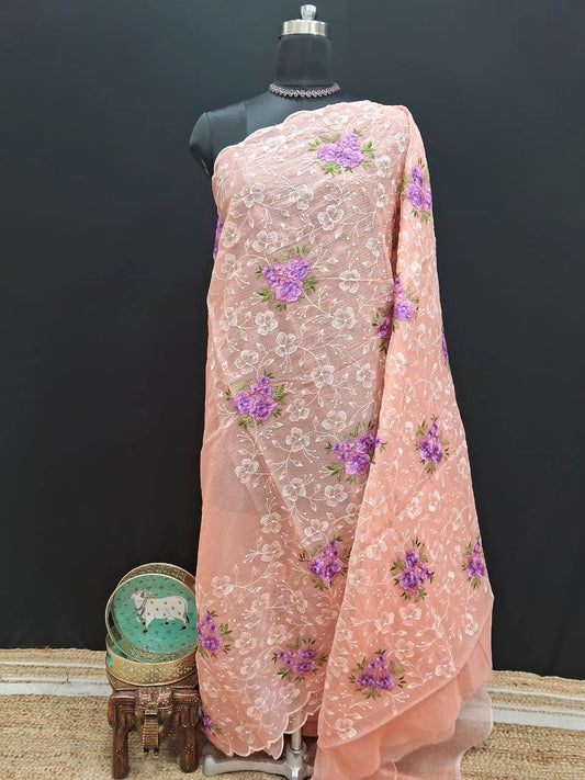 Elegant lavender floral Peach Kota saree
