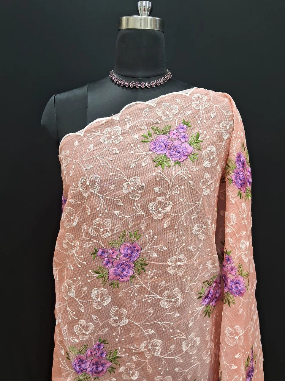 Elegant lavender floral Peach Kota saree 