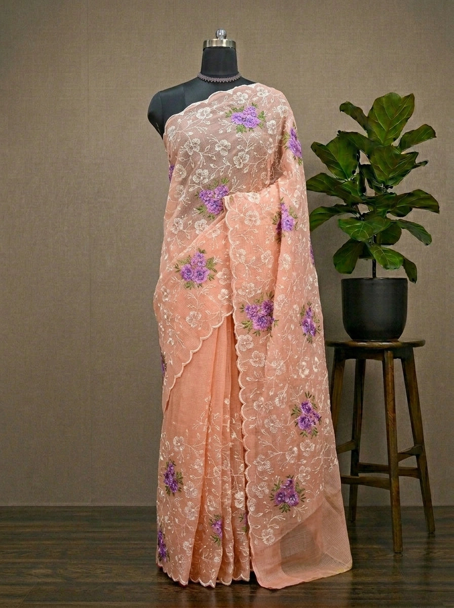 Elegant lavender floral Peach Kota saree