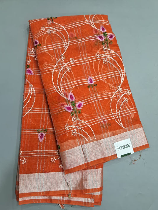 Embroidered Orange Kota Saree