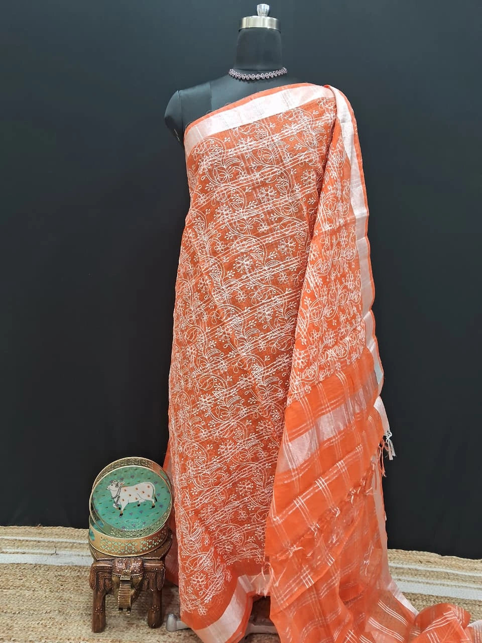 Embroidered Dark Orange Kota Saree