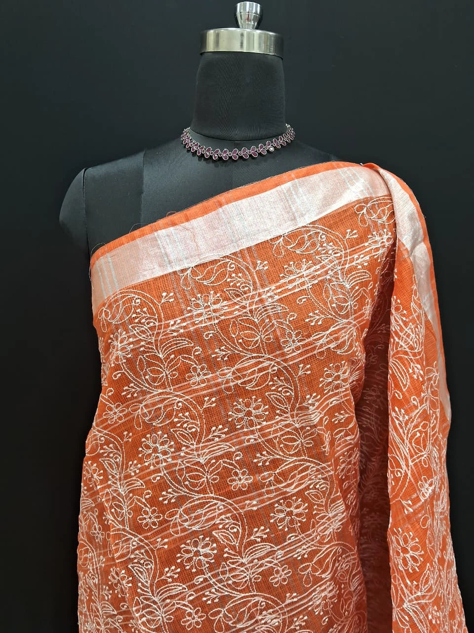 Embroidered Dark Orange Kota Saree  