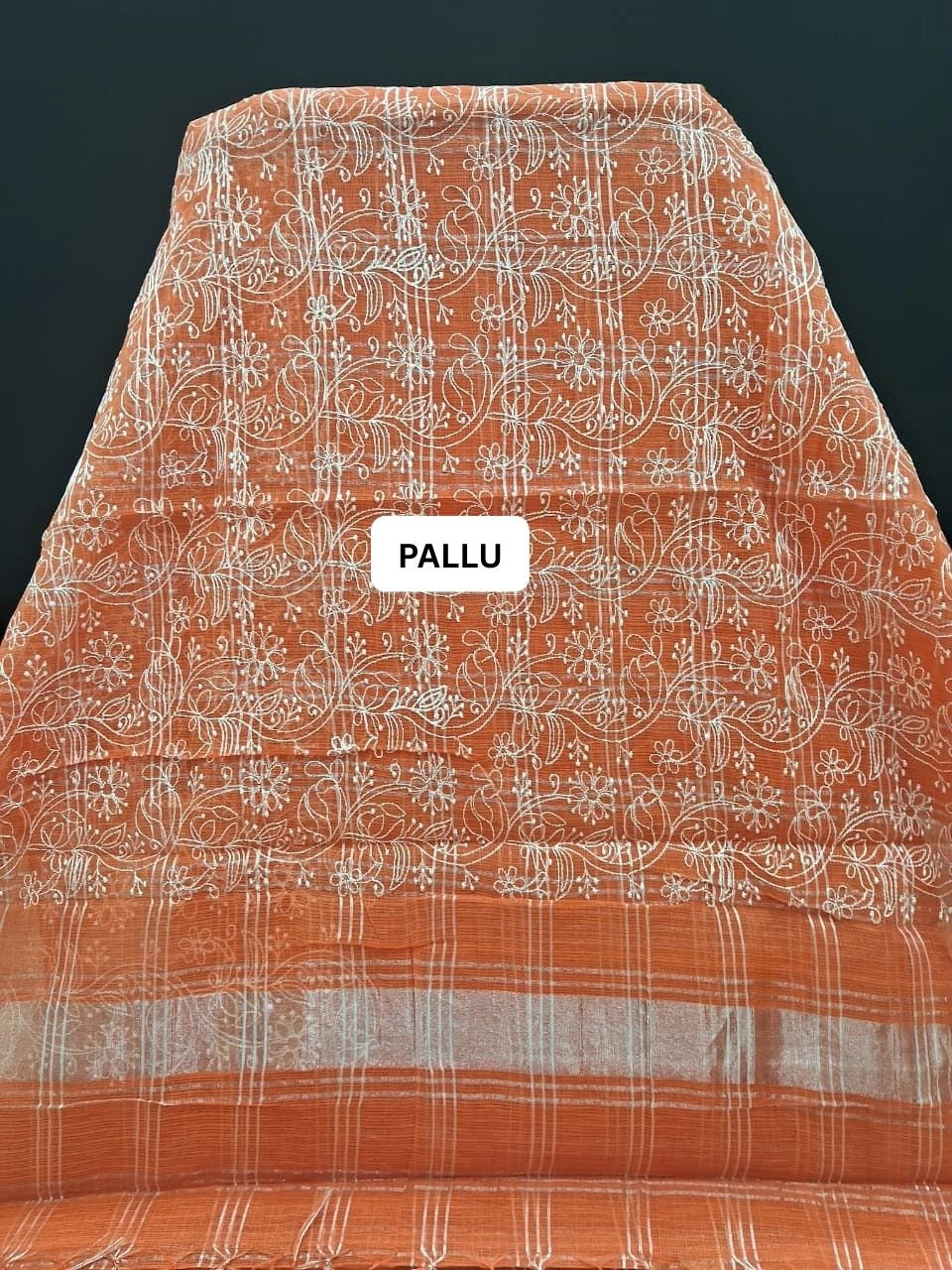 Embroidered Dark Orange Kota Saree pallu