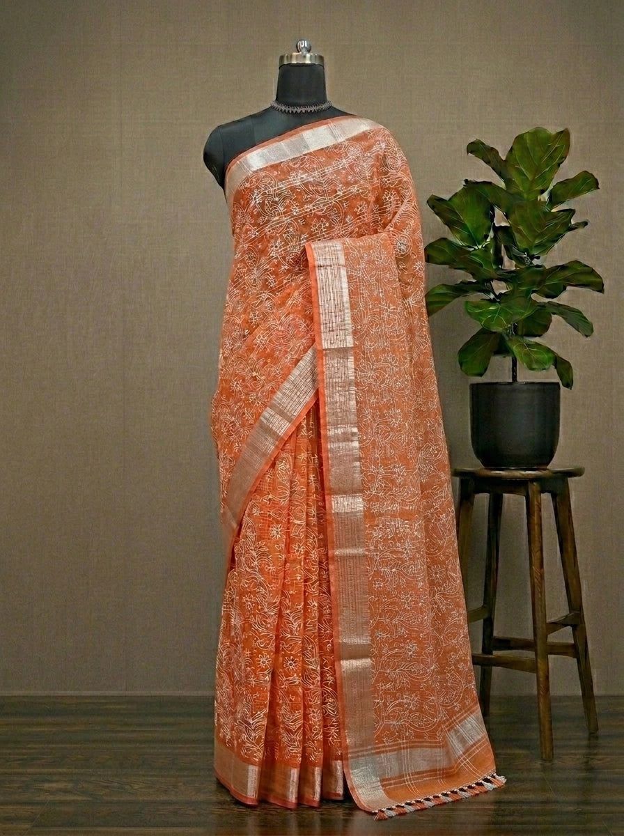 Embroidered Dark Orange Kota Saree