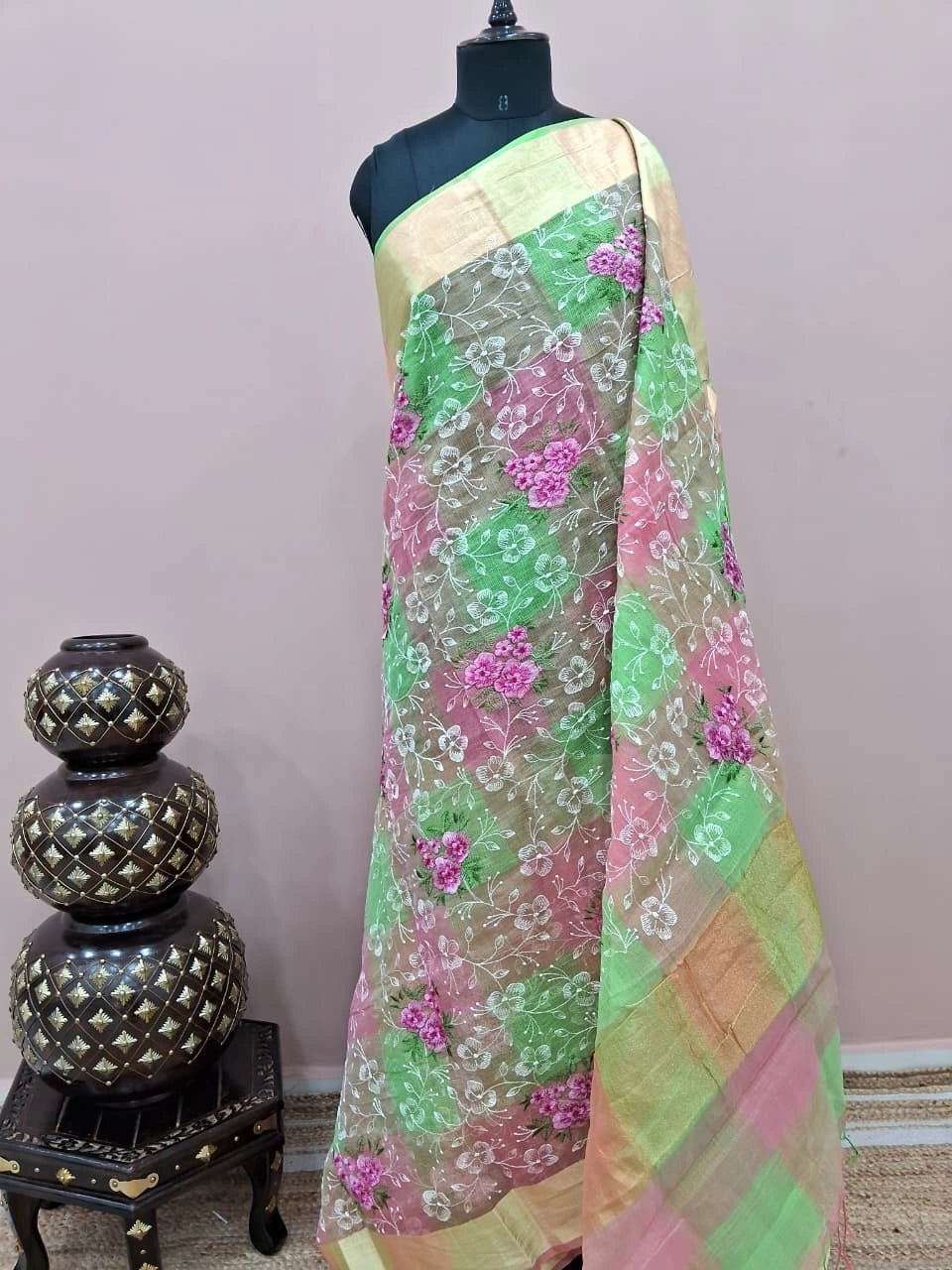 Pink,Green and Brown Kota Saree