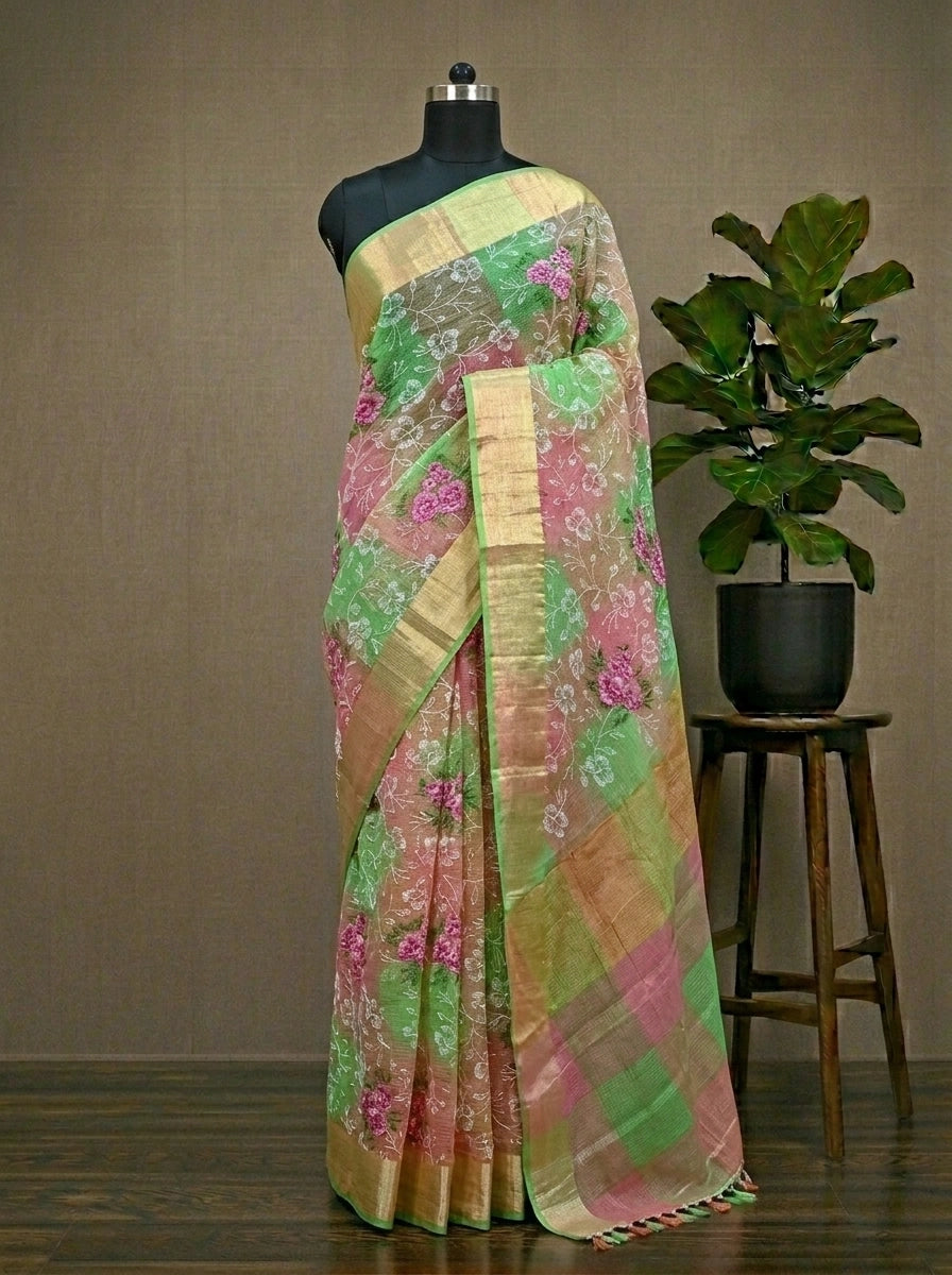 Pink,Green and Brown Kota Saree
