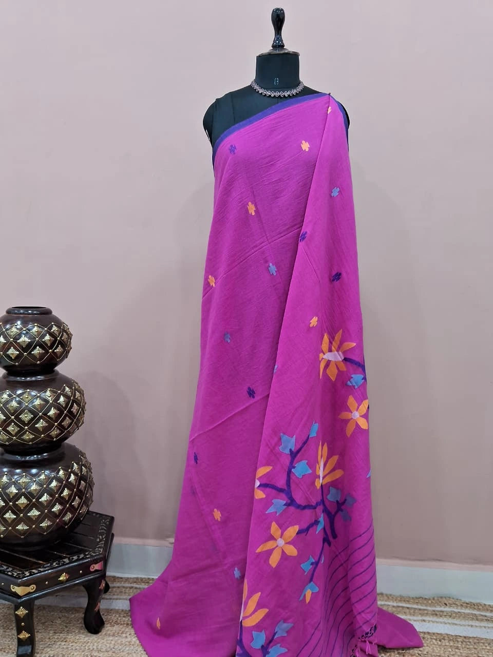 Rose Pink Khadhi Jamdani Cotton Saree