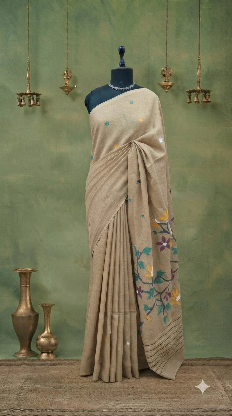 Cream Khadhi Jamdani Cotton Saree