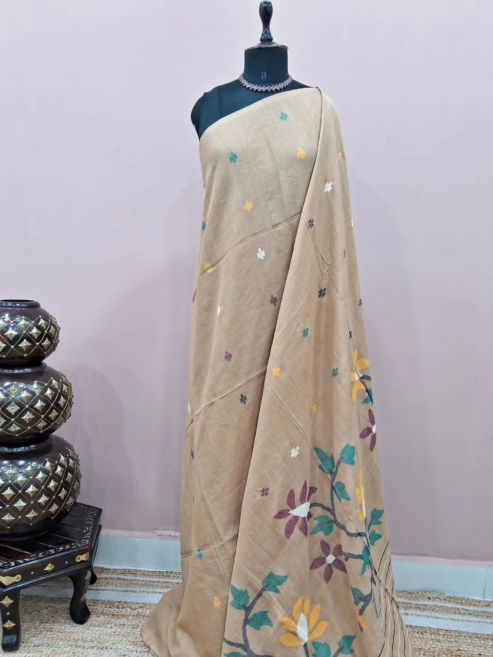 Cream Khadhi Jamdhani Cotton Saree