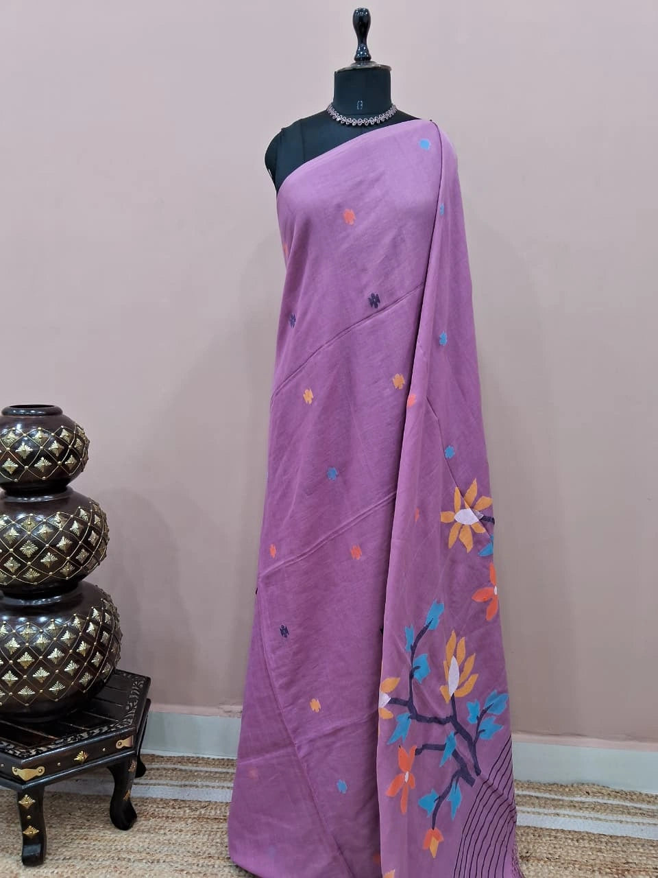 Onion Pink Khadhi Jamdhani Cotton Saree