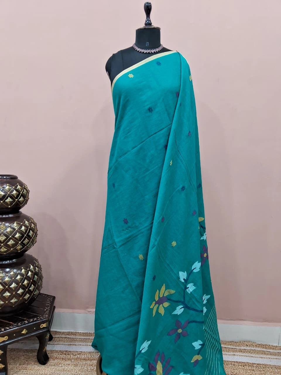 Teal Blue Khadhi Jamdhani Cotton Saree 