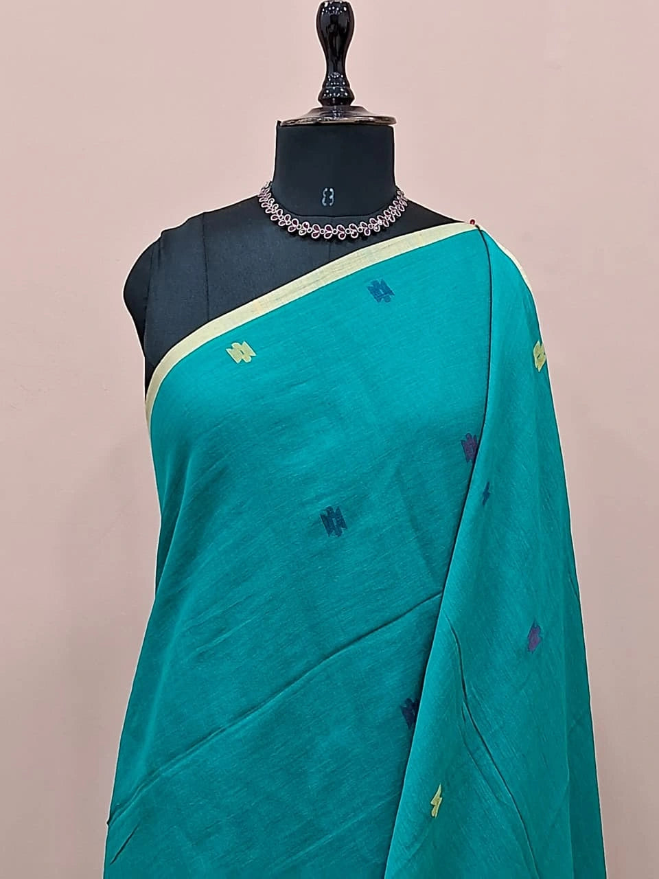 Teal Blue Khadhi Jamdhani Cotton Saree 1