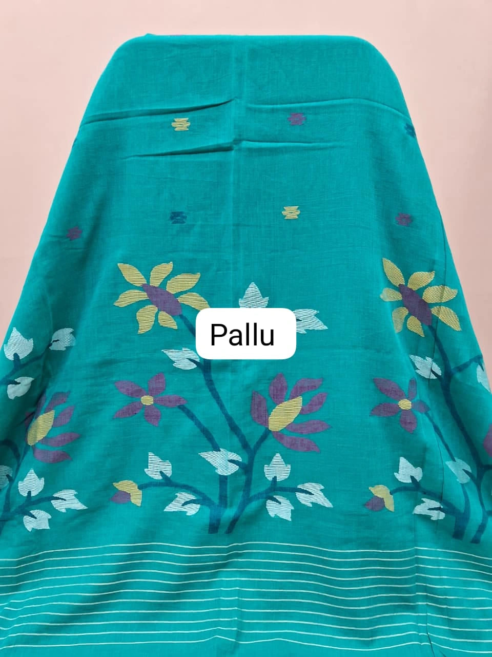 Teal Blue Khadhi Jamdhani Cotton Saree Pallu