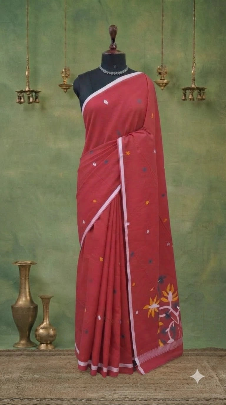 Red Khadhi Jamdani Cotton Saree
