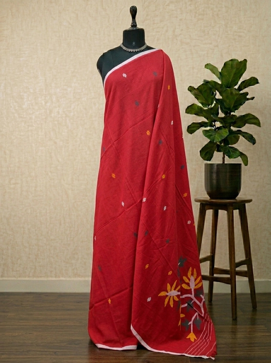 Red Khadhi Jamdhani Cotton Saree