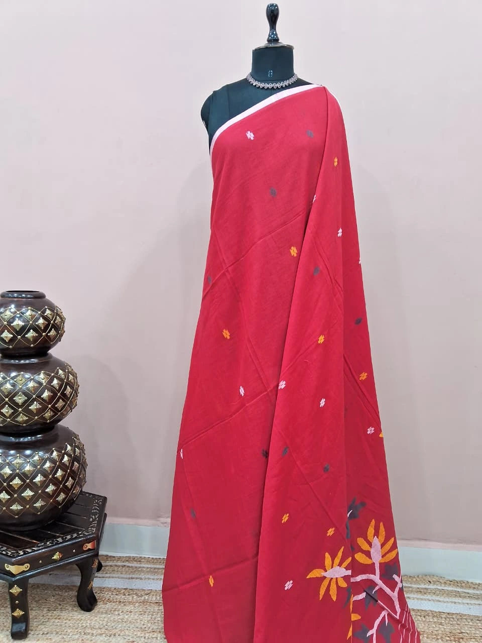 Red Khadhi Jamdani Cotton Saree