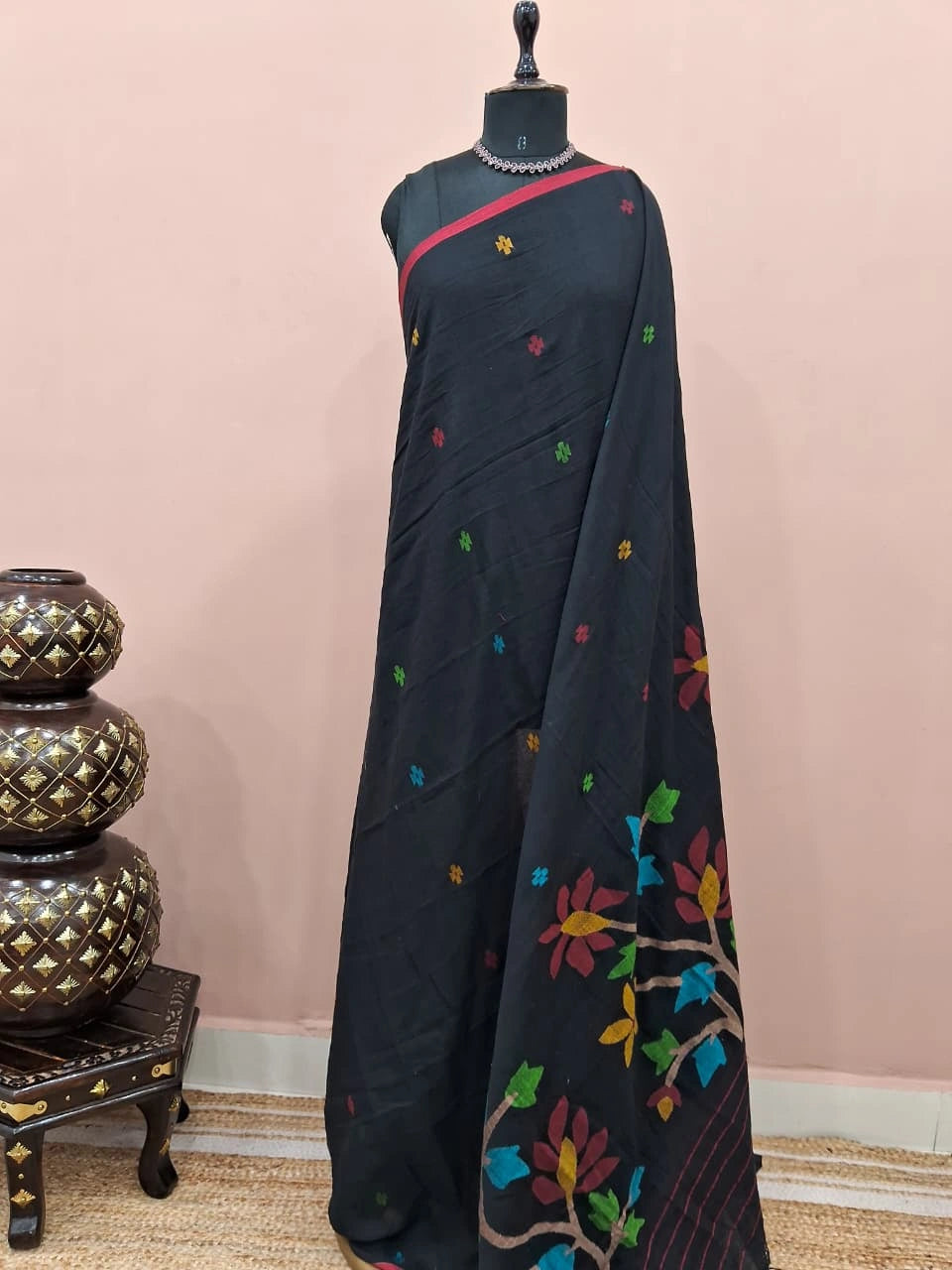 Black Khadhi Jamdhani Cotton Saree