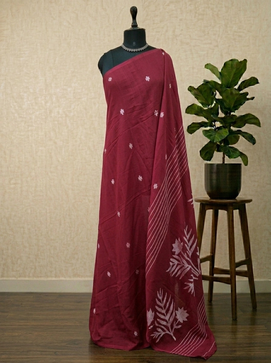 Maroon Khadhi Jamdani Cotton Saree