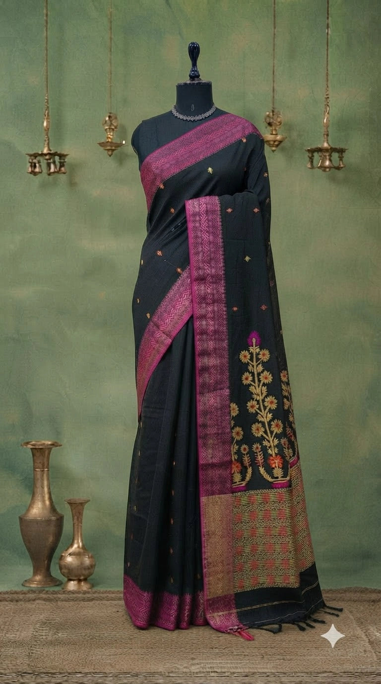 Black Khadhi Jamdani Saree