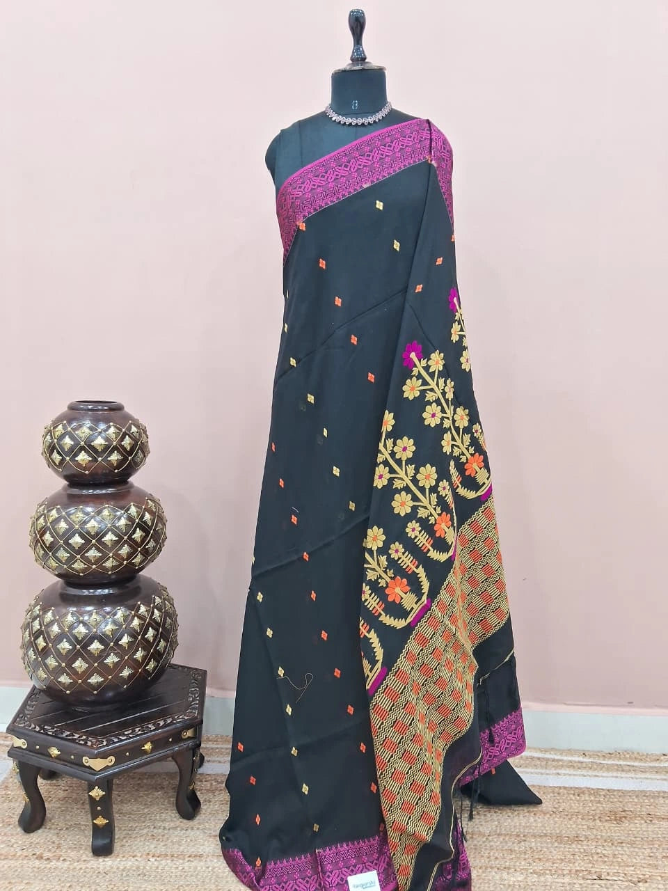 Black Khadhi Jamdhani Saree