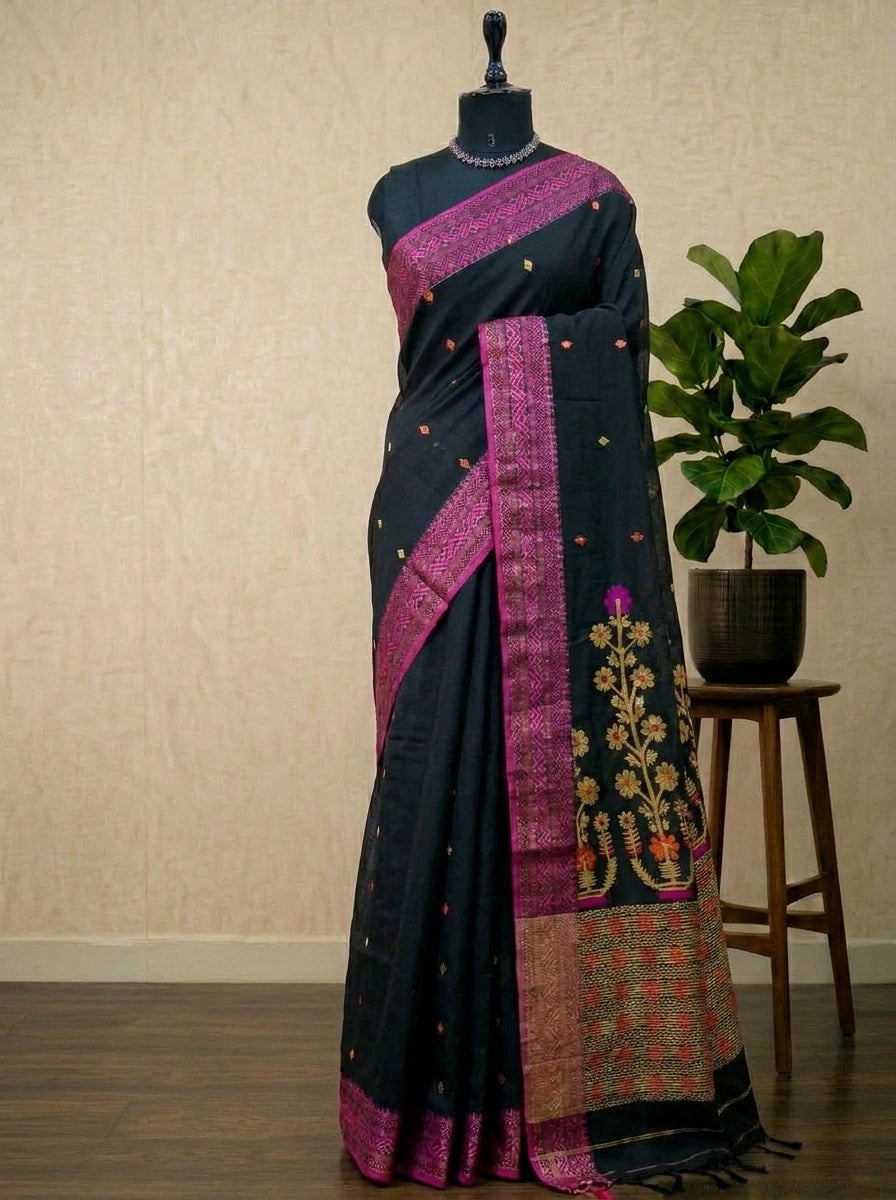 Black Khadhi Jamdhani Saree