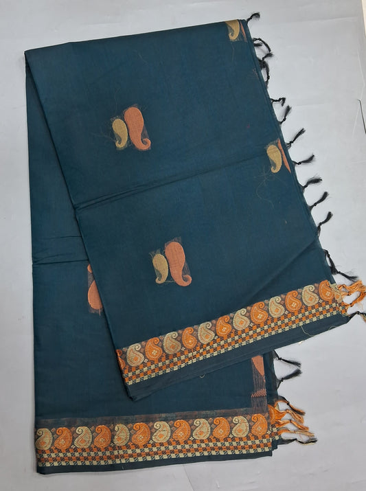 Dark Blue Korvai Kanchi Cotton Saree 