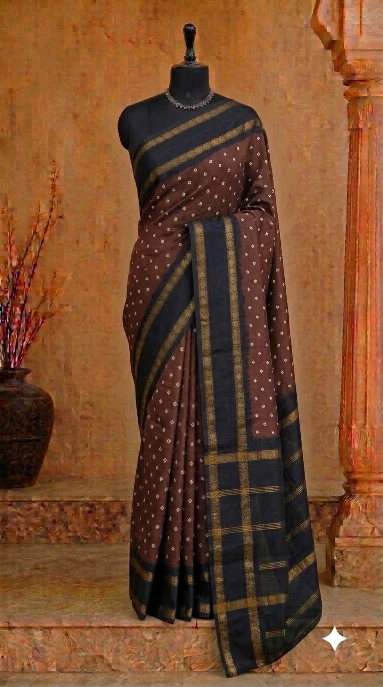 Chocolate Brown Kaikattu Sungudi Handloom Cotton Saree