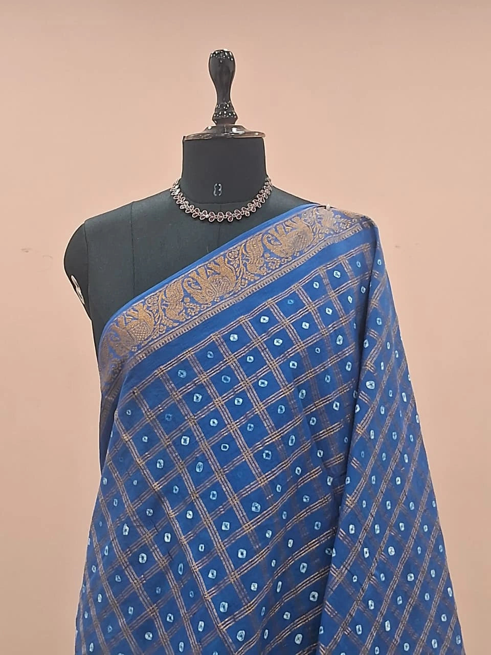 Caribbean Blue Kaikattu Sungudi Handloom Cotton Saree 1