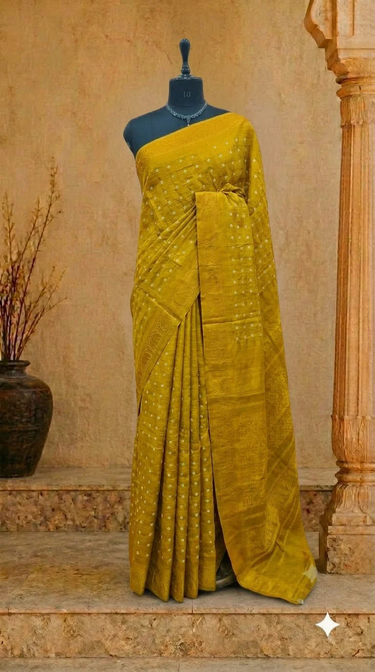 Lime Yellow Kaikattu Sungudi Handloom Cotton Saree