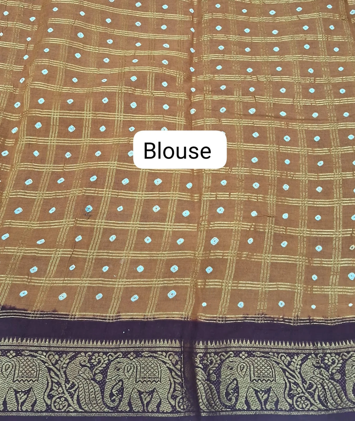Golden Brown Kaikattu Sungudi Handloom Cotton Saree Blouse