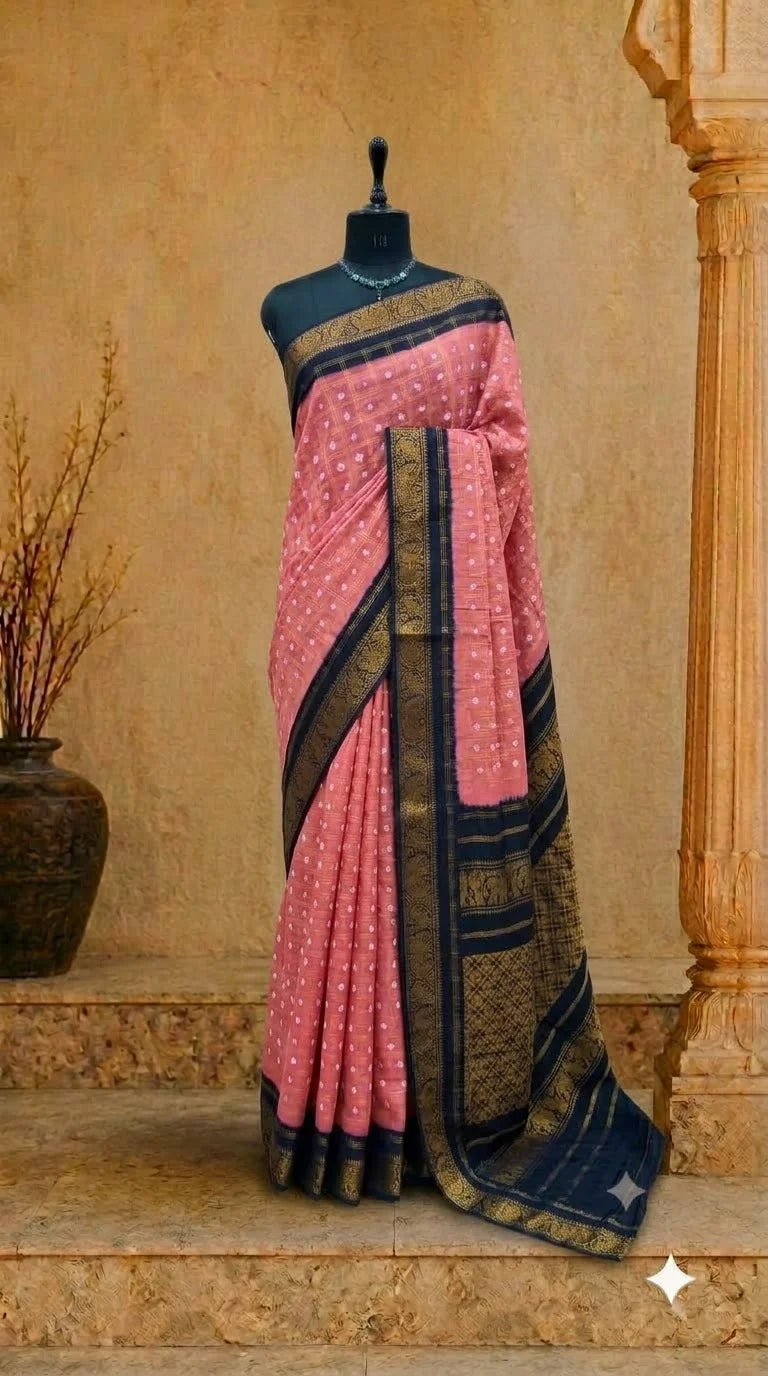 Baby Pink Kaikattu Sungudi Handloom Cotton Saree